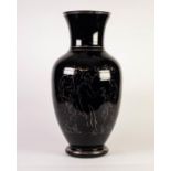 BLACK GLASS LARGE VASE, of footed ovoid form with waisted neck, enamelled in silver with classical