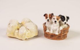 ROYAL DOULTON CHINA GROUP, THREE TERRIER PUPPIES in a basket, HN 2588 and a ROYAL DOULTON ROCK