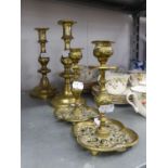 A PAIR OF BALUSTER TABLE CANDLESTICKS, ON DOMED CIRCULAR BASES AND A SMALL PAIR OF CAST BRASS