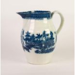NINETEENTH CENTURY STAFFORDSHIRE BLUE AND WHITE POTTERY LARGE JUG, of barrel form with scroll