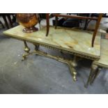 VINTAGE CAST BRASS AND ONYX RECTANGULAR COFFEE TABLE, RAISED ON FOUR BULBOUS SUPPORTS (length