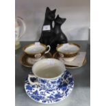 LEONARDO BLACK COMPOSITION ORNAMENT OF TWO CATS; A PAIR OF ?QUEEN MARY 2? SPECIMEN CUPS AND