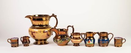 LARGE 19th CENTURY POTTERY COPPER LUSTRE DECORATRED JUG, together with 7 other SMALLER PIECES OF