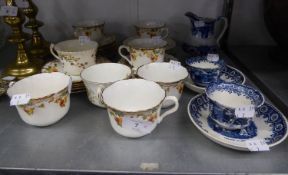 TWO VICTORIAN FLORAL DECORATED PART TEA SETS, A PAIR OF BLUE AND WHITE SMALL SAUCERS AND BOWLS AND A