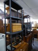 EDWARDIAN OAK BEDROOM SINGLE CHAIR WITH SPINDLE BACK, PAD SEAT AND A BLACK PLASTIC FOUR TIER