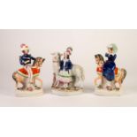 PAIR OF VICTORIAN STAFFORDSHIRE POTTERY EQUESTRIAN FIGURES, colourfully enamelled, 8 1/2in (21.