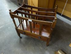 A MAHOGANY VICTORIAN STYLE MAGAZINE RACK WITH DRAWER BELOW