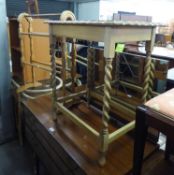 A PRE-WAR OAK OBLONG OCCASIONAL TABLE, ON FOUR SPIRALLY TWISTED SUPPORTS, WITH BOX STRETCHERS AND