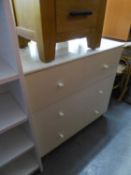 A MODERN WHITE FINISH CHEST OF THREE LONG, DEEP DRAWERS WITH KNOB HANDLES, 2?8? WIDE, 2?6? HIGH