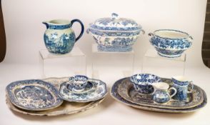 VICTORIAN STAFFORDSHIRE POTTERY WILLOW PATTERN BLUE AND WHITE CANTED OBLONG SOUP TUREEN AND COVER,