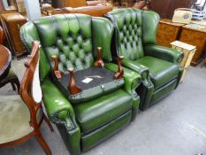 A PAIR OF GREEN LEATHER UPHOLSTERED ADJUSTABLE WING-BACK ARMCHAIRS, AND AN ASSOCIATED BUTTONED GREEN