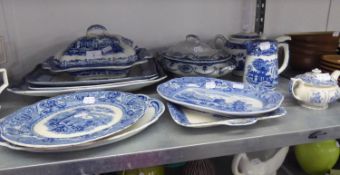 TWELVE VARIOUS PIECES OF BLUE AND WHITE POTTERY DINNER AND TEA WARES  (12)