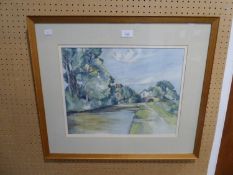 HOWARD PHIPPS WATERCOLOUR DRAWING Canal scene with bridge and church in the distance 13 ¼? x 16 ¾?