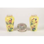 PAIR OF 19th CENTURY YELLOW OVERLAID OPAQUE GLASS VASES, enamelled with ascending wild flowers, each