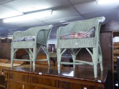 A PAIR OF PALE GREEN LLOYD LOOM SMALL TUB SHAPED ARMCHAIRS