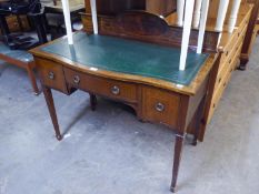 EDWARDIAN SHERATON REVIVAL INLAID MAHOGANY WRITING TABLE, WITH INLET LEATHER TOP, LOW RAISED BACK,