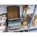 A VINTAGE OLIVETTI LETTERA 22 PORTABLE TYPEWRITER IN CASE, ALSO A GREEN ONYX AND GILT METAL
