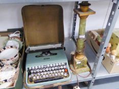 A VINTAGE OLIVETTI LETTERA 22 PORTABLE TYPEWRITER IN CASE, ALSO A GREEN ONYX AND GILT METAL