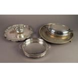 FIVE PIECES OF ELECTROPLATE, comprising: WALKER & HALL SALVER, with engraved centre and moulded