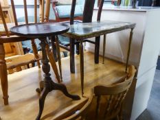 A BRASS COFFEE TABLE, WITH GREEN ONYX TOP AND MAHOGANY TRIPOD WINE TABLE (A.F.)