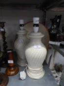 TWO BUFF POTTERY TABLE LAMPS WITH SHADES