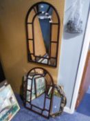 GILT FRAMED OVAL WALL MIRROR, FLORAL FRAMED WALL MIRROR,  TWO ARCHED TOPPED MAHOGANY FRAMED