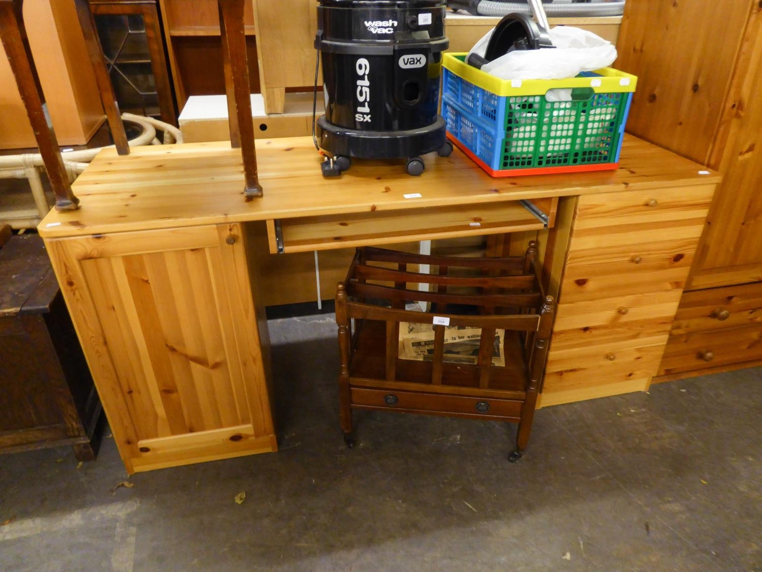 A PINE DOUBLE PEDESTAL COMPUTER DESK WITH CENTRE PULL-OUT KEYBOARD TRAY; A PEDESTAL OF FOUR