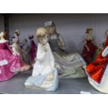LARGE LLADRO FIGURE OF A GIRL SITTING NEXT TO A GOAT AND ANOTHER SMALLER LLADRO FIGURE OF AN ANGEL