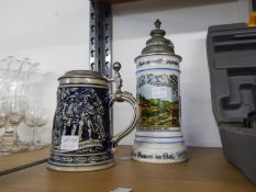 TWO GERMAN POTTERY BEER STEINS, WITH PEWTER LIDS, TO INCLUDE; A GRENZHOUSEN AND GEBZIT ? BLUE STEIN