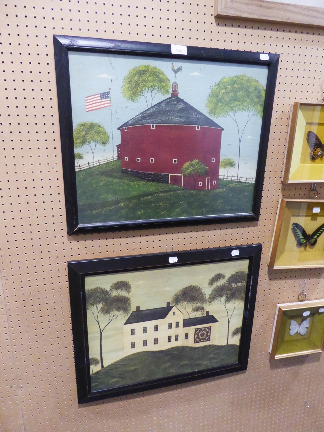 WARREN KIMBLE (American) TWO COLOUR PRINT REPRODUCTIONS OF NAIVE OIL PAINTINGS: RED HOUSE ON HILL