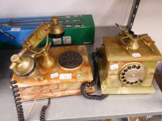 TWO MODERN ONYX CRADLE TELEPHONES, ONE WITH TOUCH BUTTON DIAL AND TWO BRASS BELLS (2) (ONE A.F.)