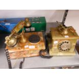 TWO MODERN ONYX CRADLE TELEPHONES, ONE WITH TOUCH BUTTON DIAL AND TWO BRASS BELLS (2) (ONE A.F.)