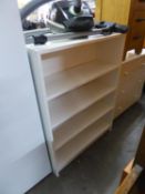 A PAIR OF WHITE FINISH FOUR TIER OPEN BOOKCASES, WITH ADJUSTABLE SHELVES, EACH 2?8? WIDE, 3?6? HIGH