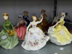 EIGHT ROYAL DOULTON CHINA FIGURES TO INCLUDE; MARY, DIANA, GAIL, KIRSTY, FAIR LADY, GRACE, SHIRLEY