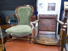 A WALNUTWOOD FRAMED NURSING CHAIR, UPHOLSTERED IN GREEN VELVET (A.F.) AND A LOW OPEN ARMCHAIR,