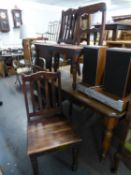 A SET OF FOUR DARKWOOD DINING CHAIRS WITH PANEL SEATS AND A PAIR OF DARKWOOD DINING CHAIRS, WITH