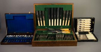 EDWARDIAN OAK CASED CANTEEN OF PLATED CUTLERY, incomplete with additional bone handled fish knives