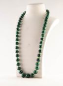 CONTINUOUS SINGLE STRAND NECKLACE OF GRADUATED MALACHITE BEADS with glass micro-bead spacers,