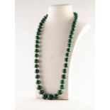 CONTINUOUS SINGLE STRAND NECKLACE OF GRADUATED MALACHITE BEADS with glass micro-bead spacers,