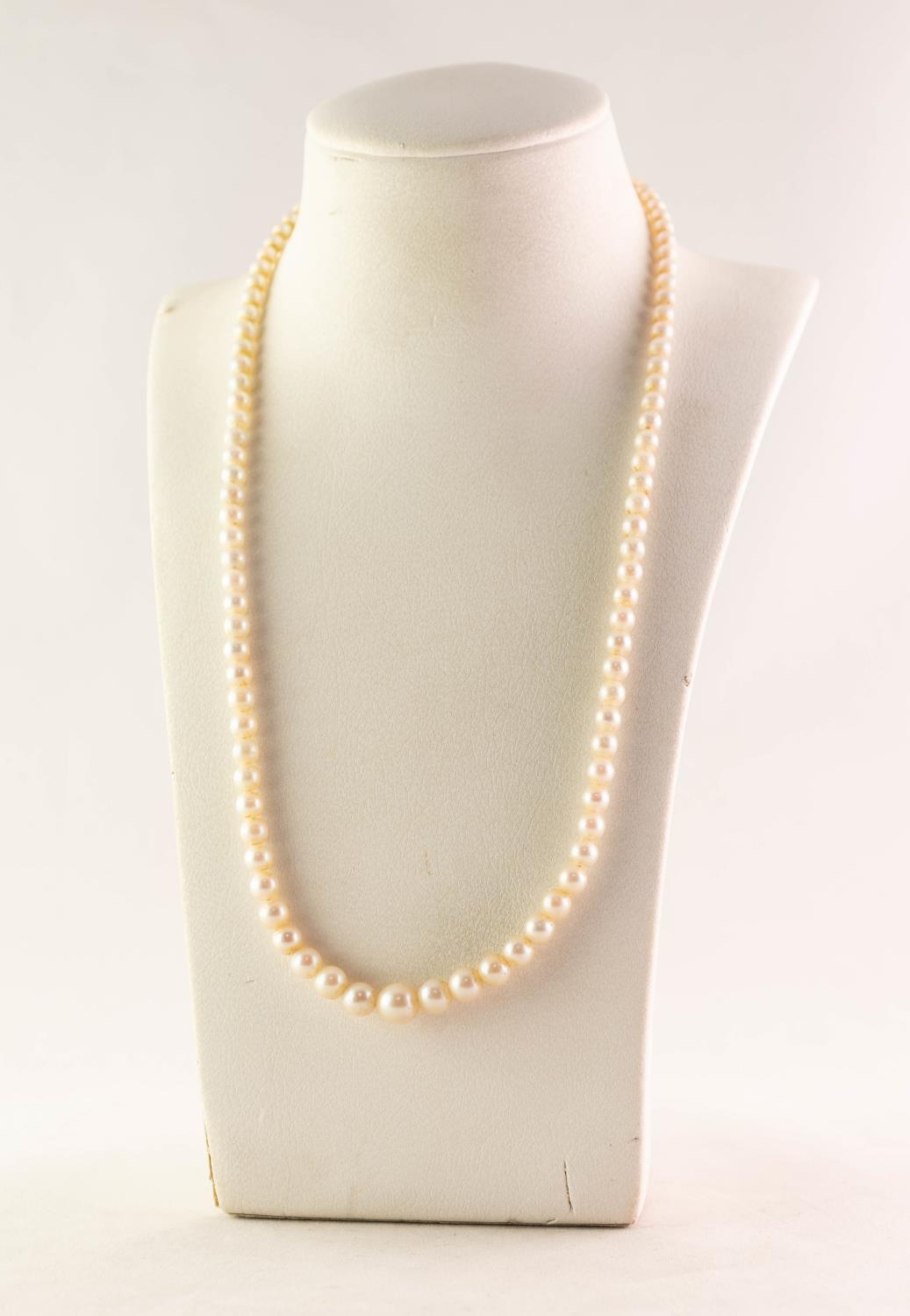 SINGLE STRAND NECKLACE OF GRADUATED CULTURED PEARLS with sterling silver, marcasite and seed pearl