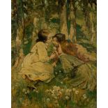 AFTER E.A. HORNEL OIL PAINTING ON CANVAS Three young girls in a sylvan scene