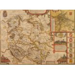 JOHN SPEEDE ANTIQUE HAND COLOURED MAP OF HEREFORDSHIRE With town plan, six heraldic shields and