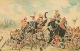 M.R. CHIRM WATERCOLOUR DRAWING  'Fighting for the throne of Ayuthia A.D. 1403' Battle scene with