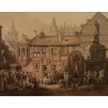 19th CENTURY FLEMISH COLOURED LITHOGRAPH City square busy with figures on market day 10in x 13in (