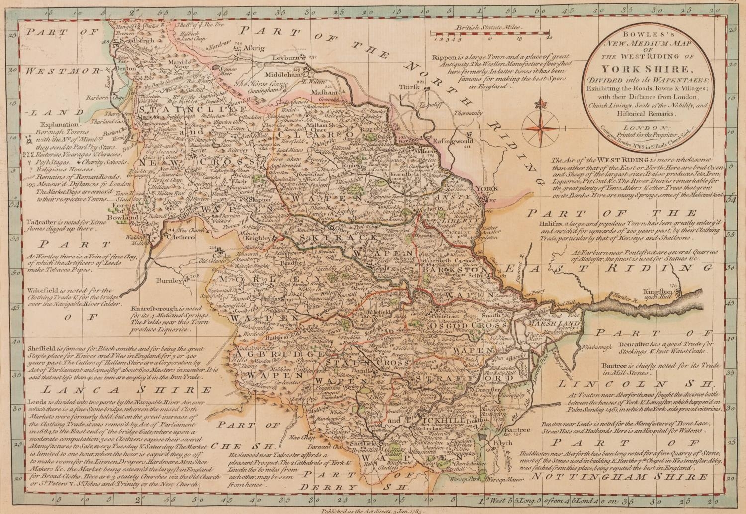 C. BOWLES 1785, HAND-COLOURED ANTIQUE MAP OF THE WEST RIDING OF YORKSHIRE, 9in x 13in (22.5 x 33cm),