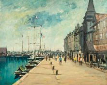 CLIFF HARLAND  OIL PAINTING ON CANVAS  'Honfleur' harbour scene  signed lower left  16" x 20" (40.