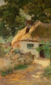 SAMUEL TOWERS (1862-1943)  WATERCOLOUR  A thatcher at work on a cottage roof signed lower left  28