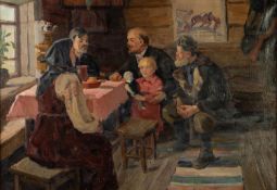 VIKTOR KUZMICH NEPOSTAEV (1918-1986) OIL ON CANVAS ?V I Lenin in peasant family? Signed, titled