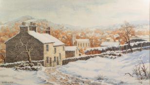 F.H. FAWKES (TWENTIETH CENTURY) WATERCOLOUR DRAWING ?Bollington from Cow Lane? , in snow Signed