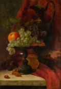 W.J. WEBB  OIL ON RELINED CANVAS  Still life of grapes, apples and hazelnuts, with a bronze tazza